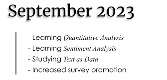 September 2023 - Learning Quantitative Analysis - Learning Sentiment Analysis - Studying Text as Data - Increased survey promotion